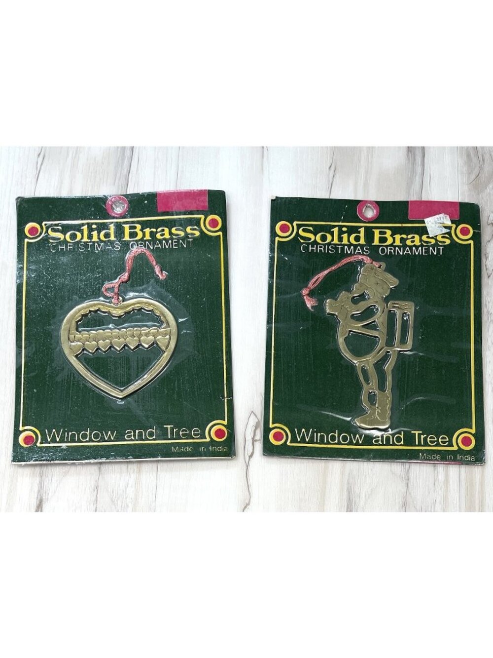 VTG Lot 2 Solid Brass CHRISTMAS Tree ORNAMENTS 3.5" Heart & 5.25" Santa NIP NEW